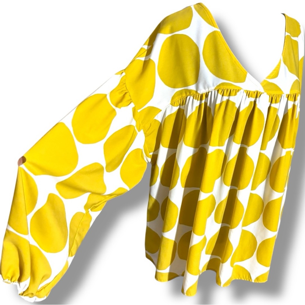 Ces Femme Yellow and White Long Balloon Sleeve Lightweight Flowy V-Neck Blouse - Picture 4 of 16